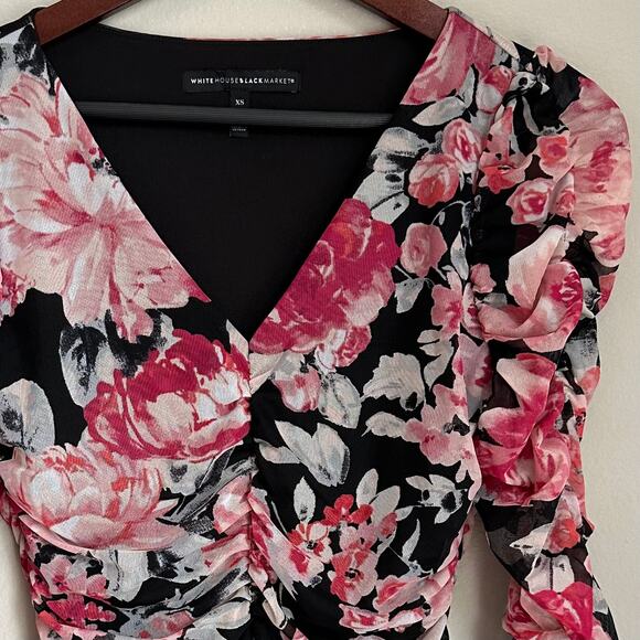 WHBM Y2K Ribbed Floral Blouse Semi-Sheer Lined Coquette V-Neck Whimsigoth - Picture 2 of 8